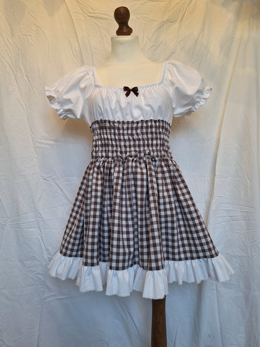 Sukienka milkmaid brązowa kratka S/M